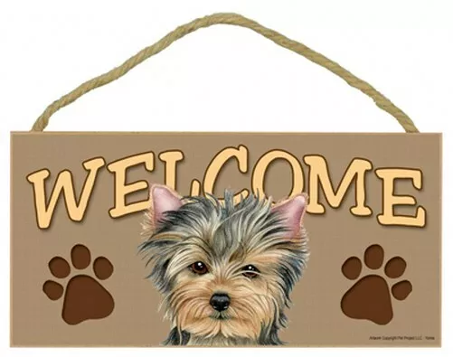 Yorkie Cute Welcome Dog Sign with Paw Prints 10"x5" Great Gift Wood Plaque A77