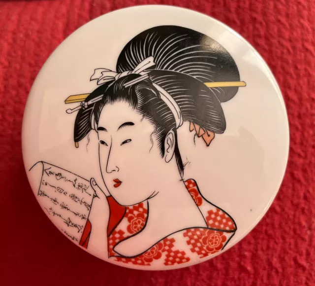 Vintage Porcelain Jewelry Trinket Box Container Geisha Girl Lady Oriental