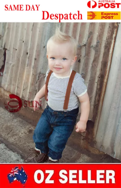 Kids Boys Girl Brown Solid COLOR Elastic Suspenders Braces 1 to 8 years old