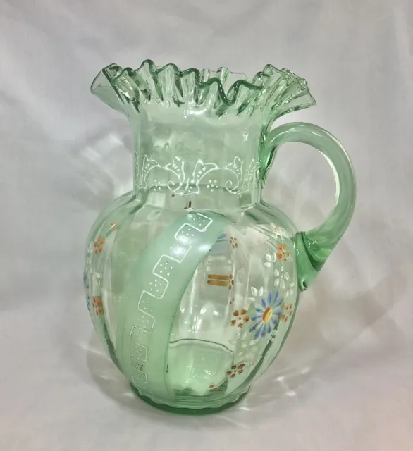 Antique Victorian Era Green Depression Glass Lemonade Water Pitcher