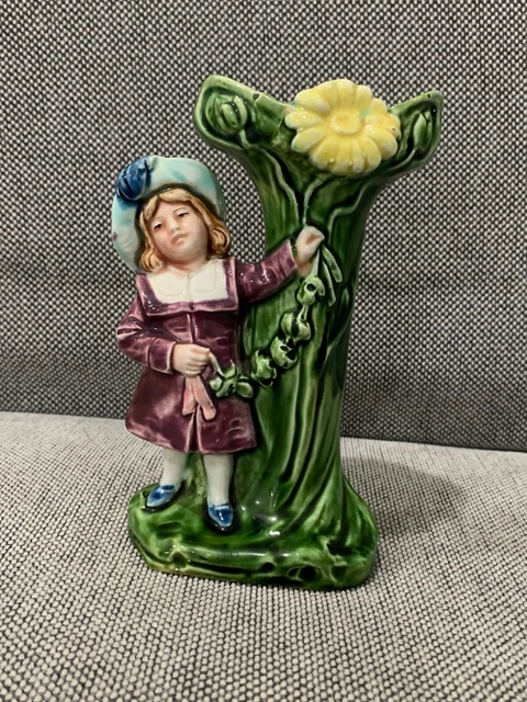 Antique European Majolica Pottery Art Nouveau Bud Vase Girl / Woman in Hat Dec.