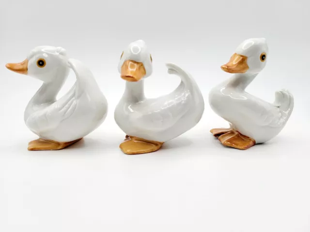 Set of 3 Precious Vintage Homco White and Yellow Ceramic Ducks ~ Ducklings