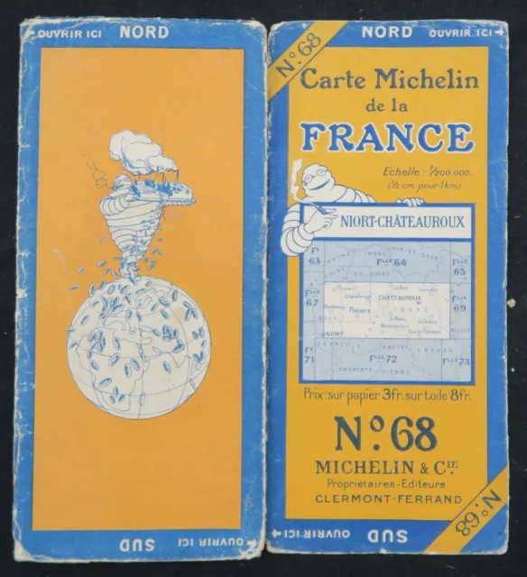 1925 MICHELIN 68 NIORT CHATEAUROUX Entched Guide Bibendum Tire Tyre Map