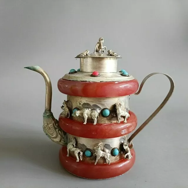Chinese old Tibetan silver inlaid jade zodiac wine pot teapot