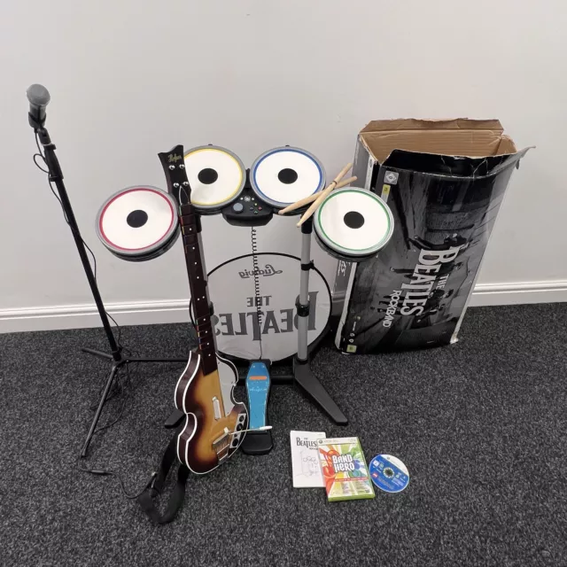 Rock Band The Beatles Drum Kit Guitar Bundle Xbox 360 Mic Game Tested & Working