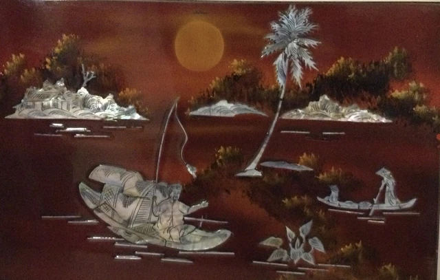 Panneau Mural En Bois Laqué Incrusté De Nacre - Décor D'oiseaux Vintage