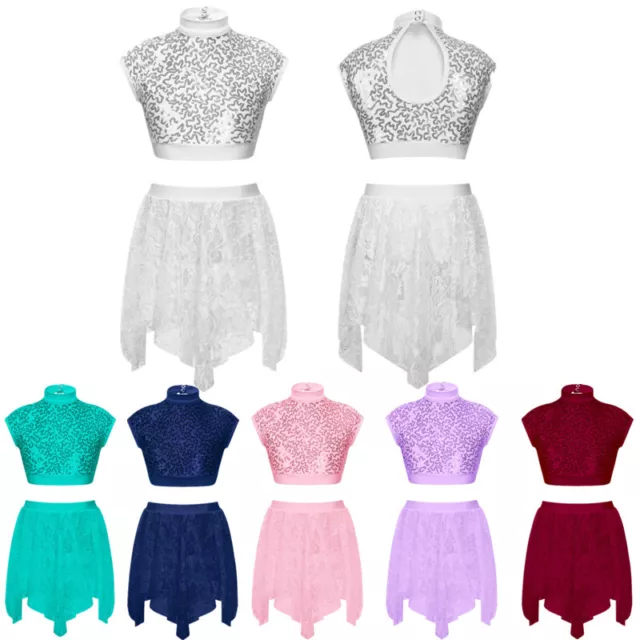 Costume Danza Balletto Latino Jazz Ragazze Paillettes Lucenti Top Crop con Gonna