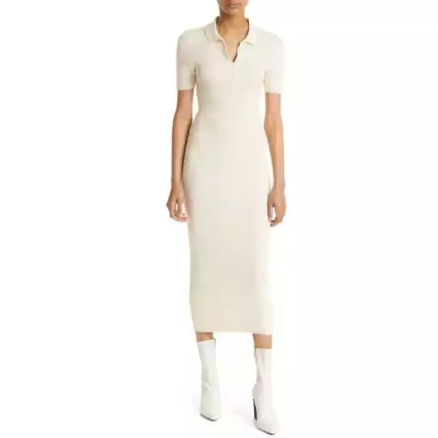 Rag & Bone Womens Amy Ribbed Polo Dress XS Cream Midi Short Sleeve NWOT