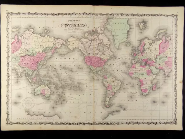 1863 CIVIL WAR MAP OF THE WORLD JOHNSON'S  ATLAS, w/ C.O.A. ORIG.ANTIQUE VGC