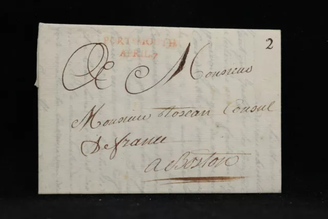 New Hampshire : Portsmouth 1786 couverture sans timbre, ligne droite rouge, 2 dwt. Taux