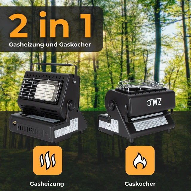 2in1 Tragbare Gasheizung Camping Butan Gas Kocher Keramik +4 Gaskartuschen 1,3KW 2