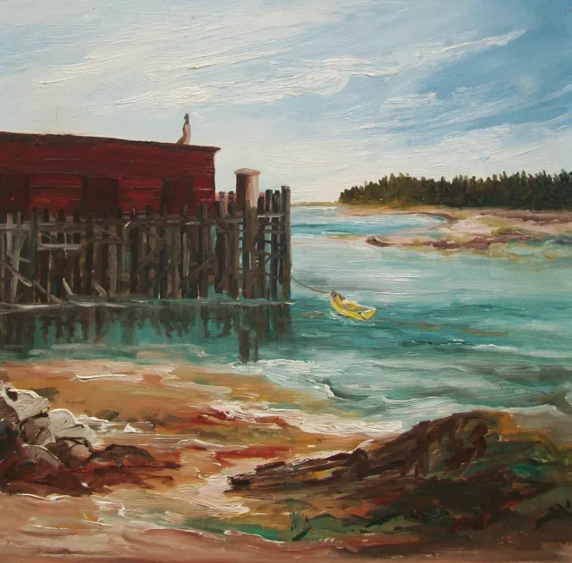Folk Art Seascape Acrylic Painting - Unsigned - Unframed - Canada - Mid 20th C.
