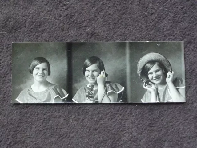 SMILING YOUNG GIRL WITH STRAW HAT & PHONE 1920's PHOTO BOOTH STRIP