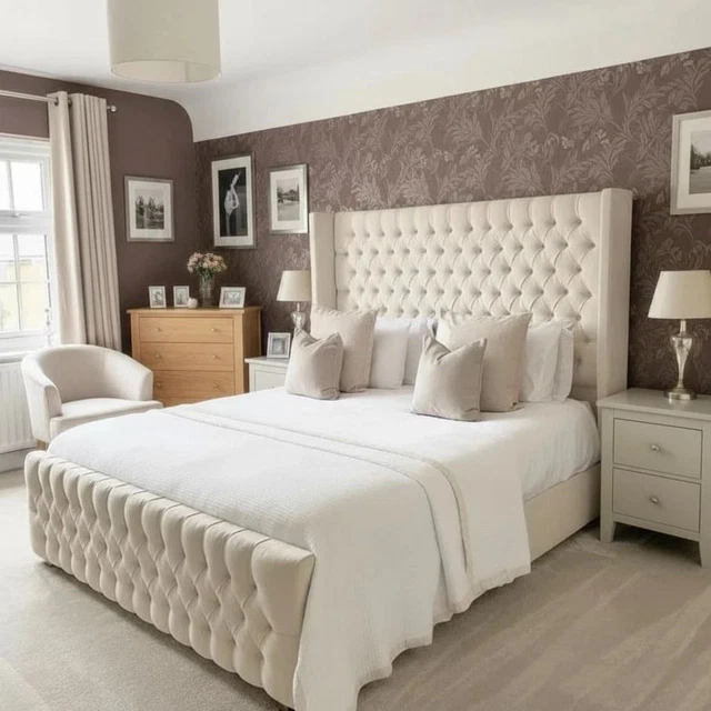OTTOMAN WINGED BED Frame Chesterfield Plush Velvet Upholstered Gas Lift ...