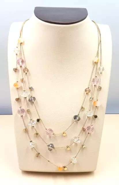 Vintage 3-Strand Gold Tone Glass Beads Pink Gray Amber Clear Faceted Necklace