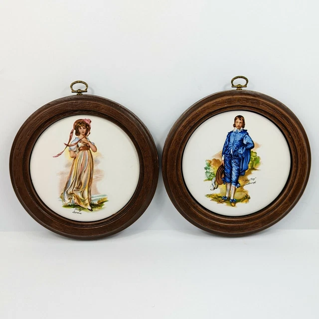Vintage Victorian PINKY & BLUE BOY Framed  Ceramic Round Tile (2) Wall Gallery