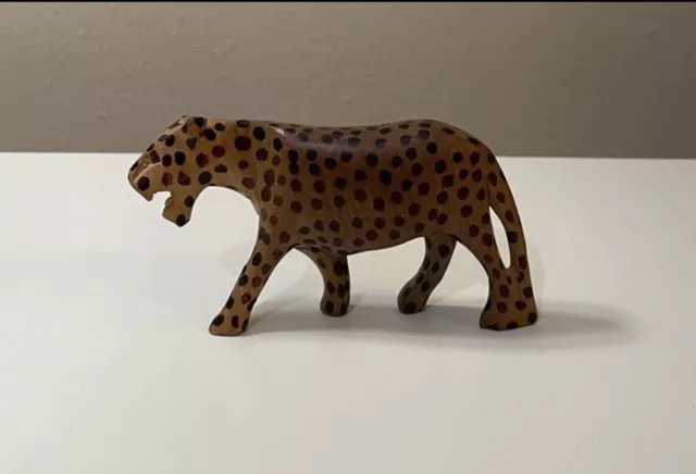 Hand Carved and Painted Wood African Jaguar/Leopard Folk Art Figurine