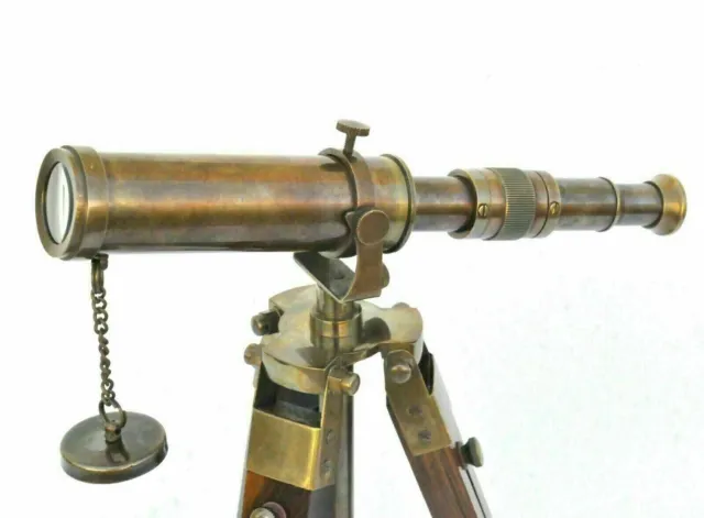 Antique Brass Telescope With Wooden Tripod Stand Maritime Nautical Desk Décor