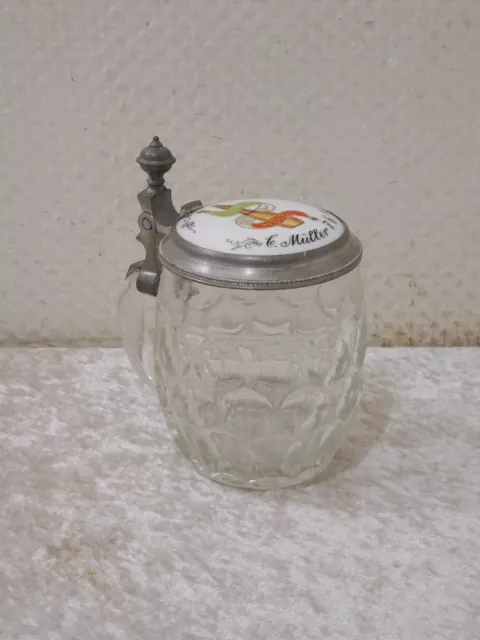 Antiguo Kegler Vidrio Jarra Tapa Incrustación de Porcelana Mittenwalde Vintage