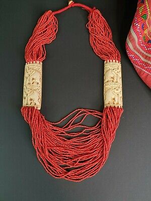 Old Indian Carved Oxen & Red Glass Beaded Necklace …beautiful collection and acc