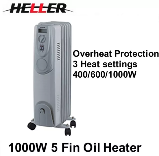 Heller 5 Fin Portable 1000W Electric Oil Heater+3 Heat Setting White HOIL5