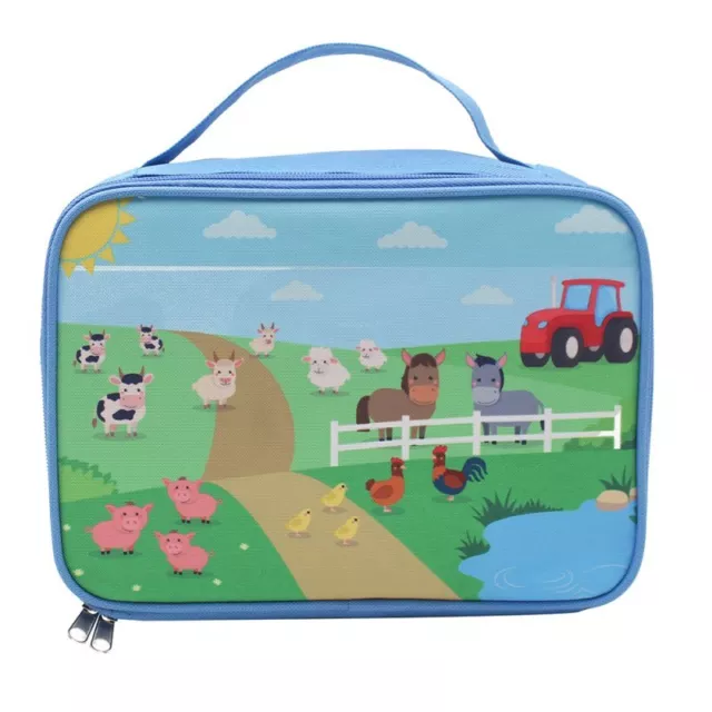 Blue Kids Lunch Bag Farm Animals Doodle Design Polyester Picnic Travel Bento Box