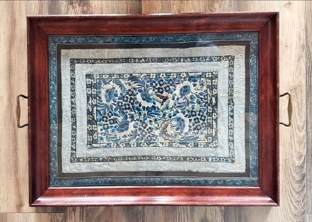 Antique Cherry Solid Wood Brass Handle Embroidered Silk Tapestry Tea Serve Tray