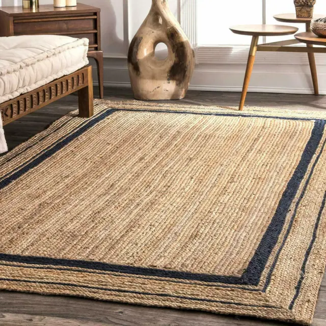 Natural Rectangle Jute Rug  Handmade Area /Floor Rug for Home Decor- Beige+Black