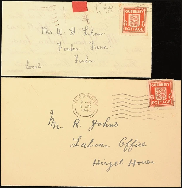 12086) Guernsey 2a Brief rot 2 Drucksachen Masch.Stpl. GUERNSEY 6.4.43 / 20.7.43