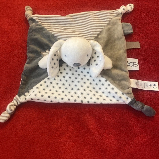 🇫🇷Doudou Lapin Blanc Marron Gris Étoiles Rayé Bruissant OBAIBI 100% NEUF
