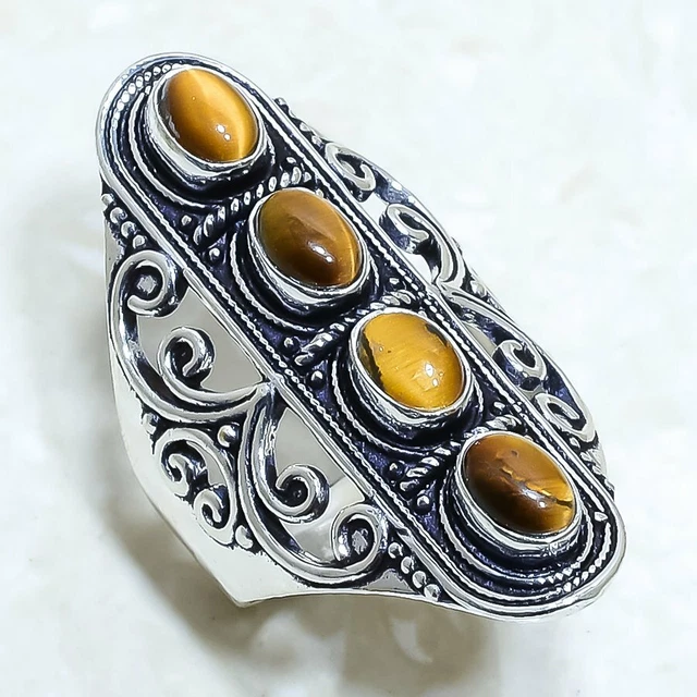 Tiger'S Eye Gemstone Handmade Ethnic Silver Jewelry Ring Size 9.5 RRJ9805