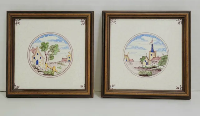 Vintage Lot 2 Framed Delft Hand Decorated Tiles Countryside Town Village 6"x6"