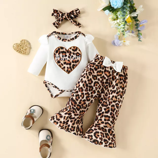 Toddler Baby Girls 3PCS Clothes Set Romper Tops+Leopard Flare Pants+Headband Set 2