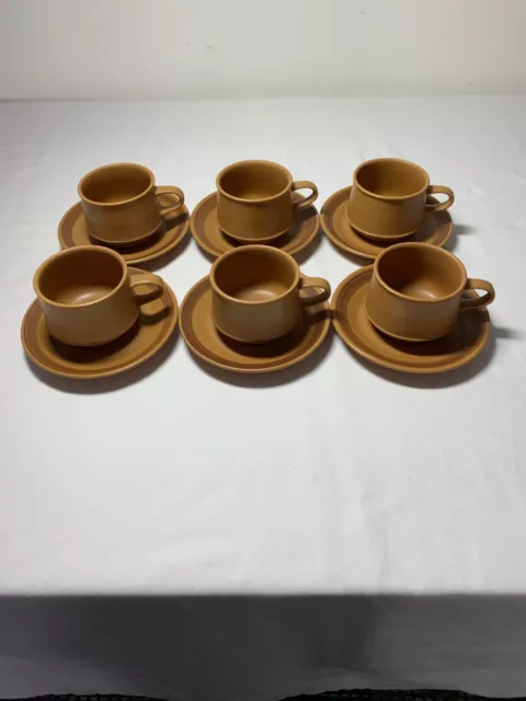 Vintage Purbeck Pottery Cup & Saucer s Set of 6 brown, sensible offers accepted