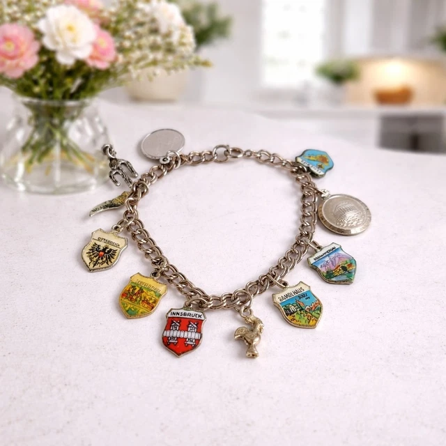 Bracelet Etrusque Ancien à Breloque - Argent Massif 800 - Pierre Turquoise - Bijou Vintage Italien - Occasion