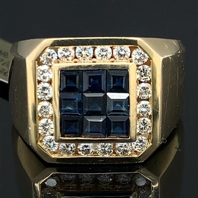 2.20 TCW Square Sapphires & Round Diamonds Men's Ring In 14k Yellow Gold Size 12