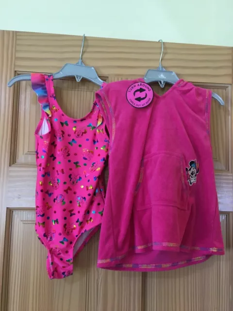 NWT Disney Minnie Mouse Deluxe Swimsuit Cover Up 2 pc UPF 50+ Hot Pink Girls