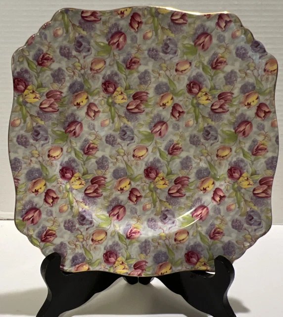 Vintage Royal Winton Grimwades Stratford  1995 Chintz Square Plate 8.75” Tulips 2
