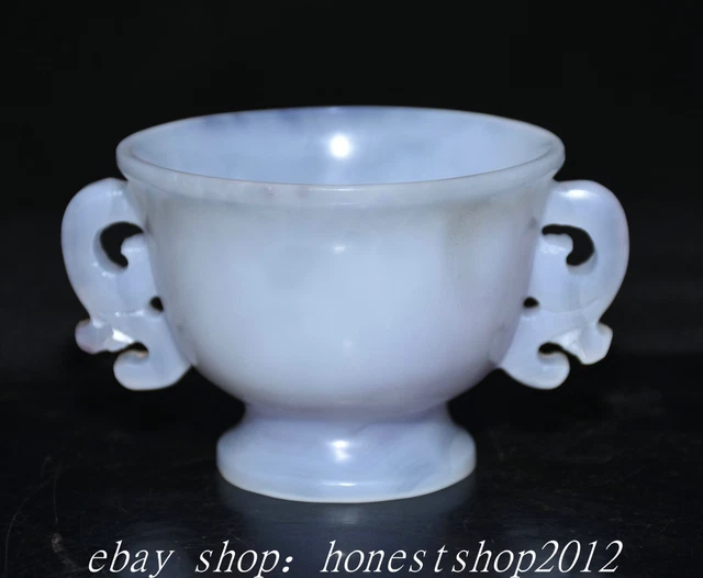4.8" Alte chinesische natürliche Achat Schnitzen 2-Ohr Dose Becher Schüssel