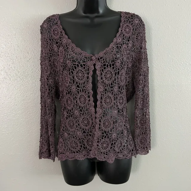 Purple Metallic Crochet Beaded Open Knit Cardigan Sweater Size M Single Button
