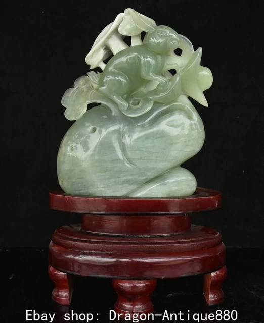 12" Chinese Natural Xiu Jade Carved 12 Zodiac Year Rabbit mushroom Lucky Statue