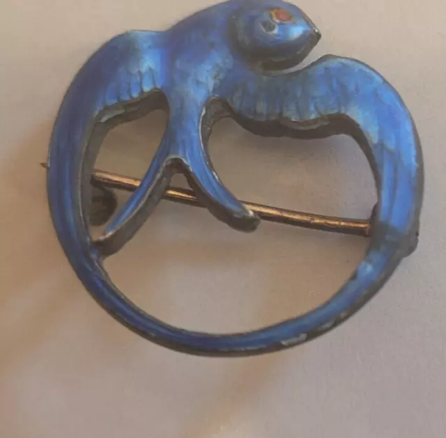 antique Charles Thomae  Sterling Silver Guilloche Enamel blue bird pin brooch