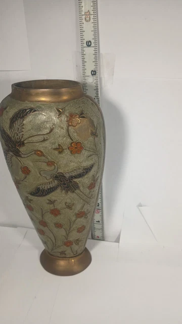 Vintage Brass Enamel Bud Vase w/Flower Birds Design-Made In India