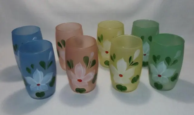 8 Vintage Bartlett Collins Hand Painted Frosted GAY FAD Glasses Pastel Flowers