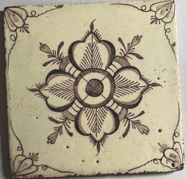 17th or 18th Century Dutch Brown/White Floral Delft Tile - A38