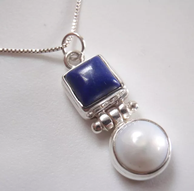 Cultured Pearl & Square Lapis Lazuli 925 Sterling Silver Pendant