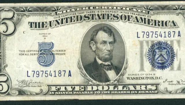 $5 1934 B  Silver Certificate ** DAILY CURRENCY AUCTIONS ** FREE RETURNS **