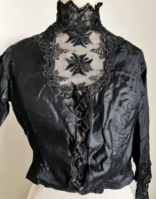 Antique Victorian SILK BLOUSE, MALTESE CROSS LACE black MOURNING bodice TOP goth