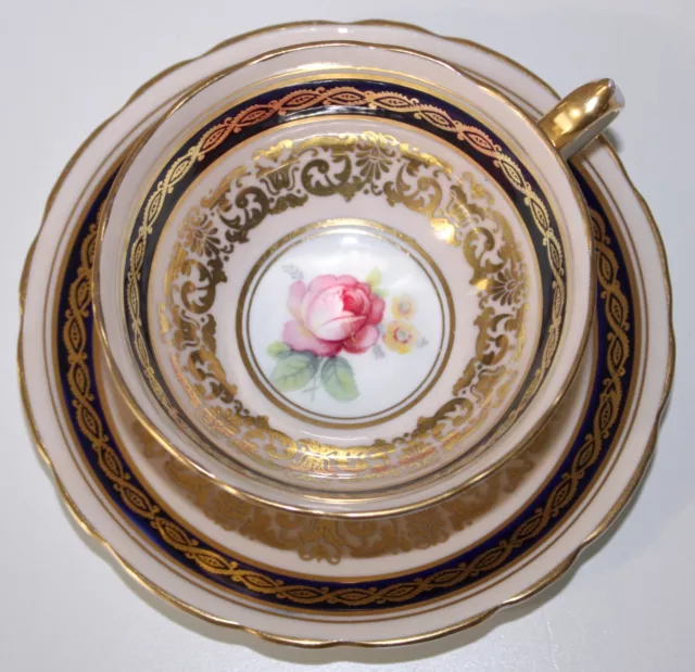 Paragon Tea Cup & Saucer Queens Double Warrant Royal Blue Gold w Pink Rose