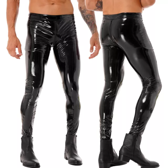 iEFiEL Herren Glanz Lack-Optik Leggings Reißverschluss im Schritt Hose Lederhose